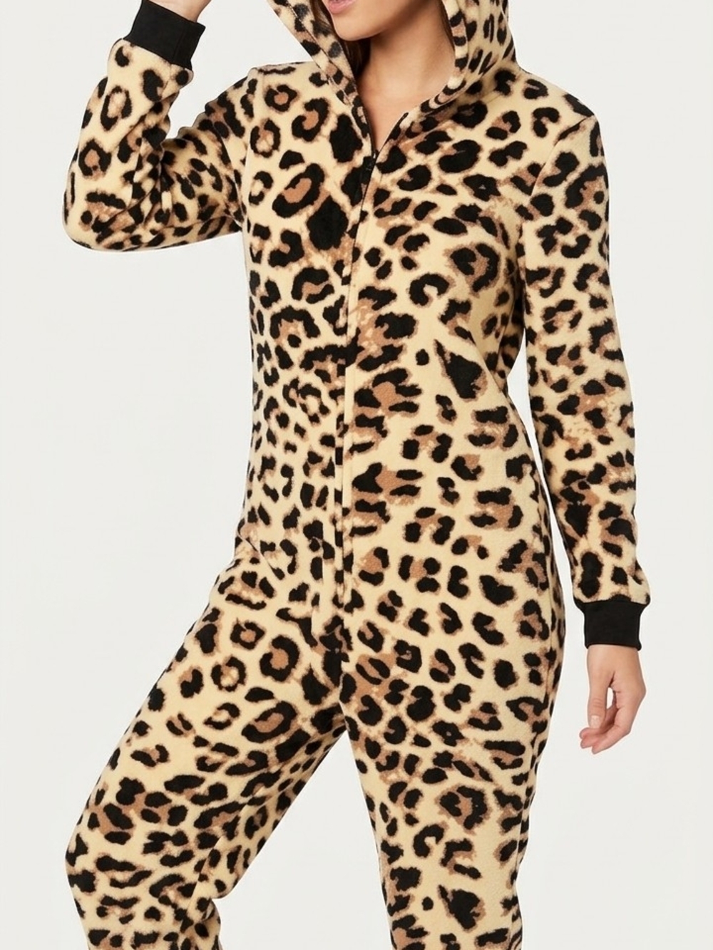 ​True by Rue21 Leopard Print Plush Fleece Hooded One Piece Pajamas XS